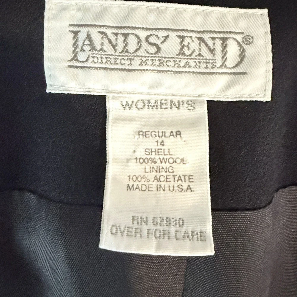 Lands End Womens 14 Vintage Black 100% Wool Collarless Blazer Jacket Made in USA